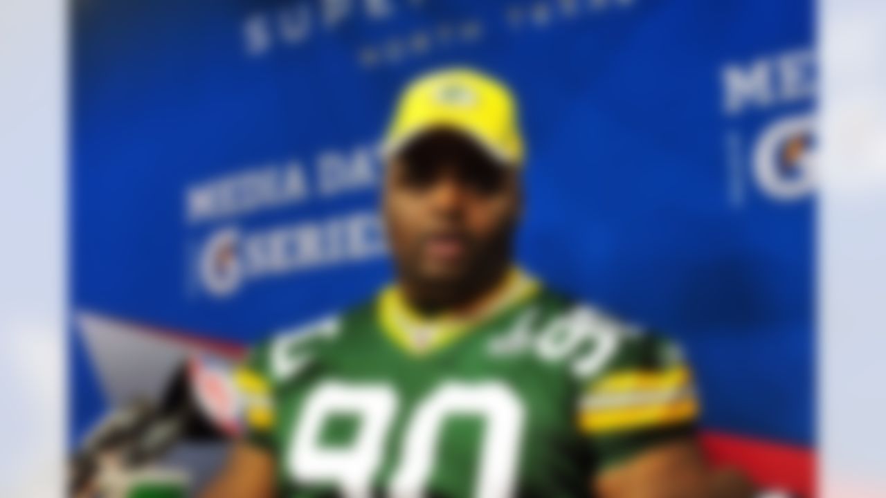 Green Bay Packers tackle B.J. Raji speaks during Media Day at Cowboys Stadium in Arlington, Texas on February 1, 2011. (Gary A. Vasquez/NFL)