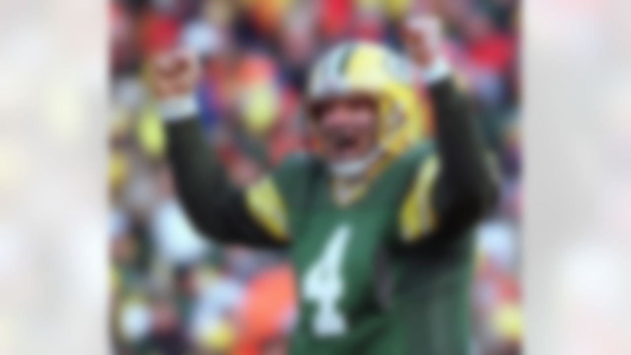 Green Bay Packers quarterback Brett Favre celebrates in the fourth quarter against the Carolina Panthers during the NFC Championship game, Sunday, Jan. 12, 1997, in Green Bay, Wis. (AP Photo/Mark Duncan)