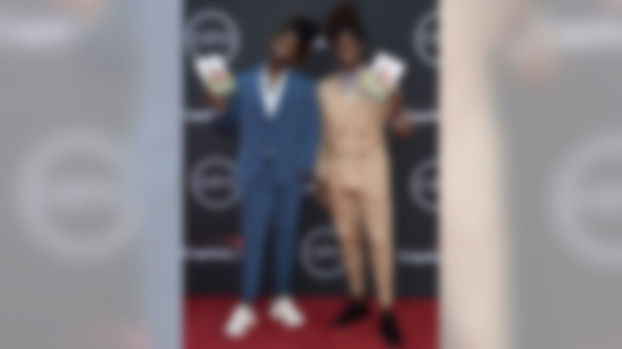 Seattle Seahawks linebacker Shaquem Griffin (left) and cornerback Shaquill Griffin pose on the red carpet at the ESPY Awards on Wednesday, July 10, 2019, at the Microsoft Theater in Los Angeles.