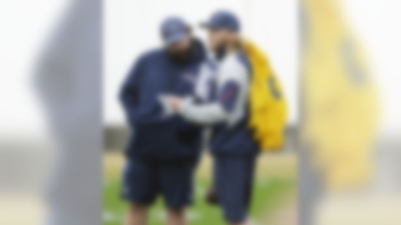 New England Patriots defensive coordinator Matt Patricia, left, talks with coaching assistant Steve Belichick, right, during practice Friday, Jan. 30, 2015, in Tempe, Ariz. The Patriots play the Seattle Seahawks in NFL football Super Bowl XLIX Sunday, Feb. 1. (AP Photo/Mark Humphrey)