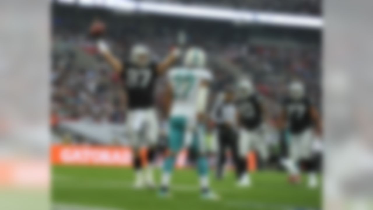Oakland Raiders tight end Brian Leonhardt (87) reacts after scoring a touchdown during an NFL football game against the Oakland Raiders at Wembley Stadium on Sunday September 28, 2014 in London, England. Miami won 38-14. (Sean Ryan/NFL)