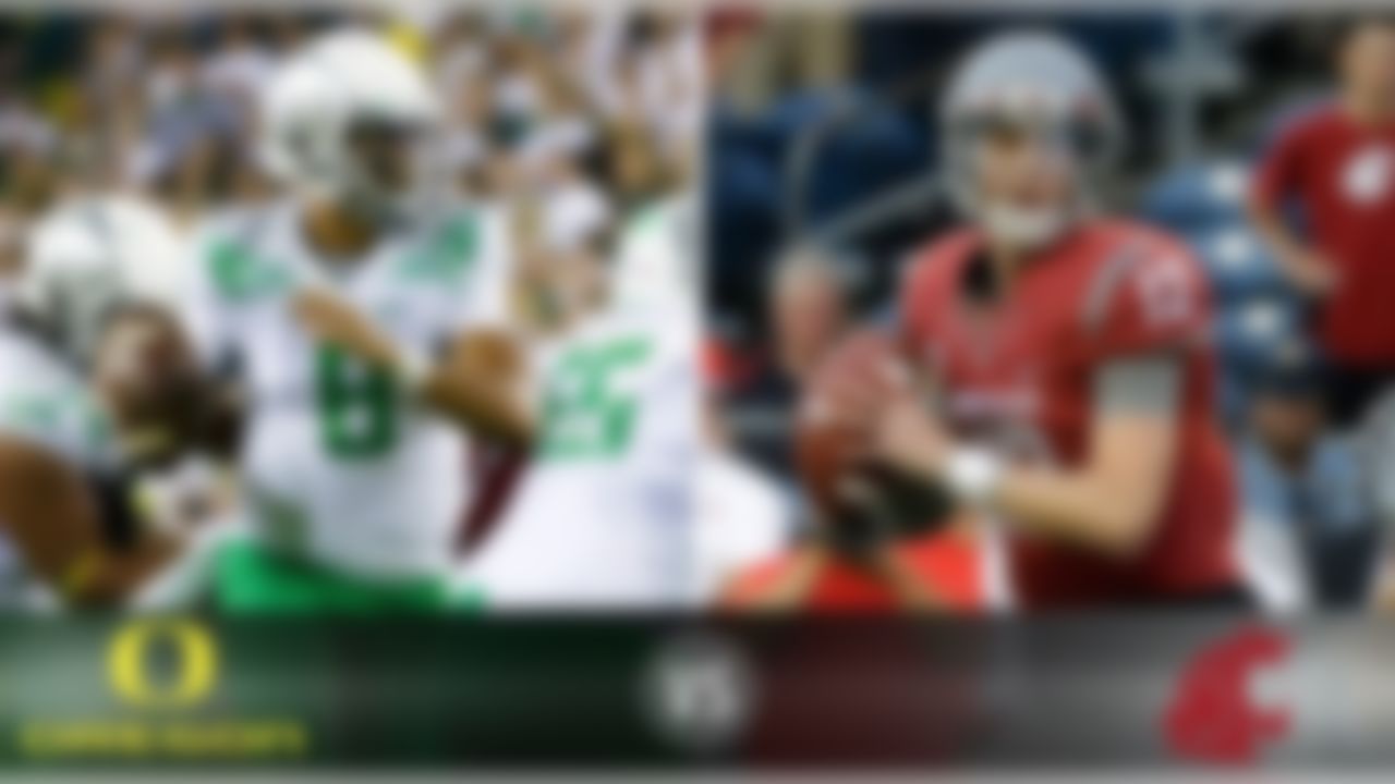 Details: Saturday, 10:30 p.m. ET, ESPN
The skinny: Heisman Trophy favorite Marcus Mariota (above) and the Ducks take their first Pac-12 road trip of the season to the Palouse to battle Connor Halliday (above) and Mike Leach's high-flying Washington State team. The Cougars put up 630 passing yards on their last opponent, so Oregon's defense will have to be on top of its game no matter what the team's potent offense is doing.
Game picks:
Brandt: Oregon, 51-24 
Brooks: Oregon, 45-17
Jeremiah: Oregon, 48-24 
Fischer: Oregon, 51-28 
Goodbread: Oregon, 58-30
Huguenin: Oregon, 56-30