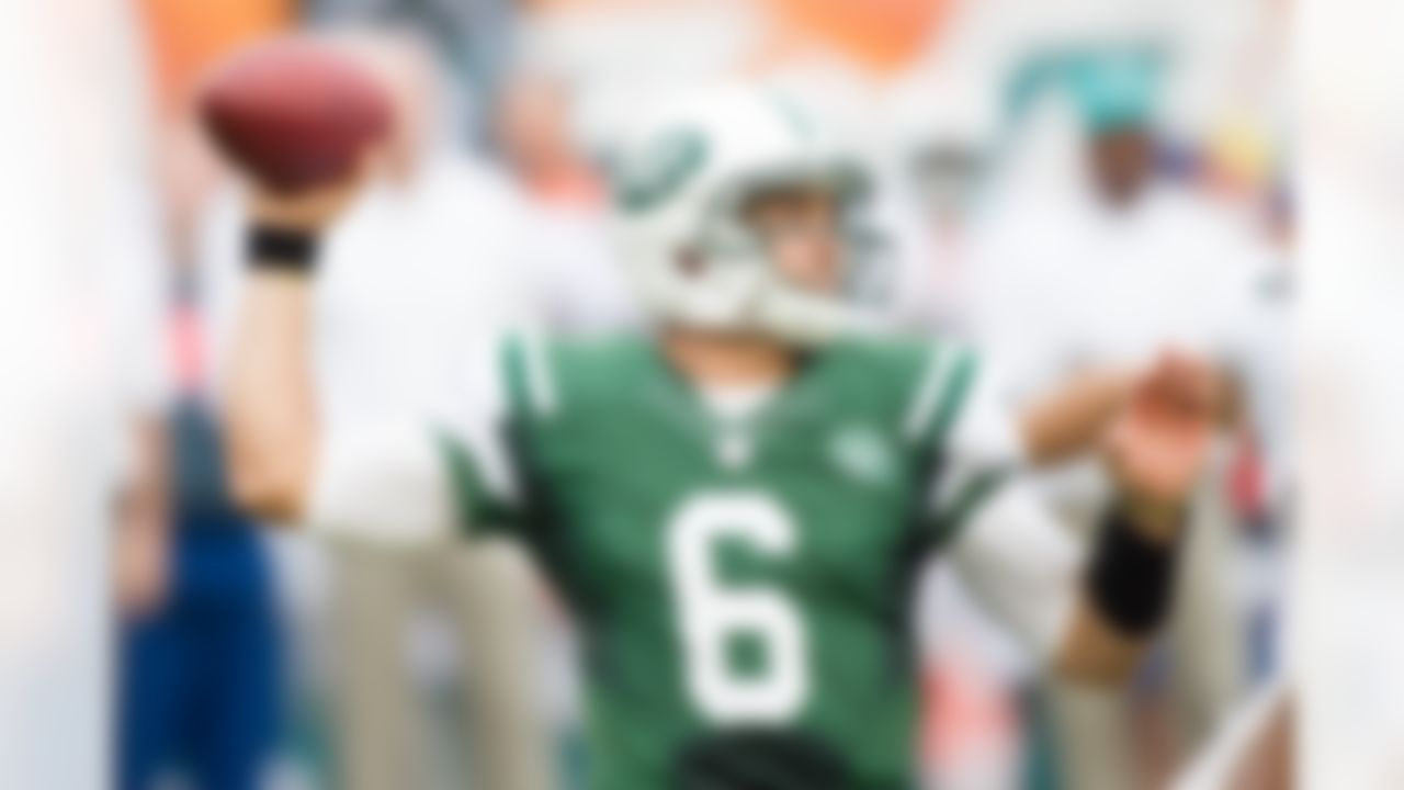 New York Jets quarterback Mark Sanchez (6) passes during an NFL football game against the Miami Dolphins at Sun Life Stadium on Sunday, Sept. 23, 2012 in Miami Gardens, Fla. The Jets won 23-20. (Perry Knotts/NFL)