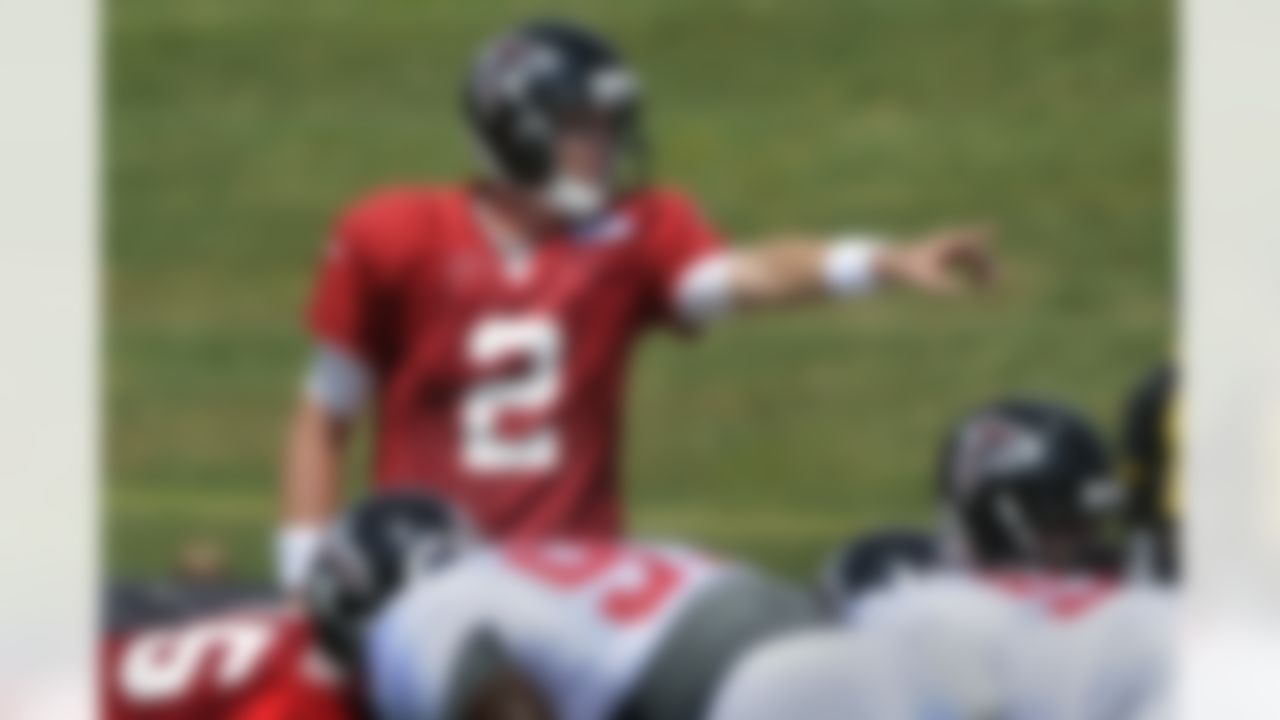 Atlanta Falcons quarterback Matt Ryan calls out during NFL football training camp, Monday, July 30, 2012, in Flowery Branch, Ga. (AP Photo/John Amis)