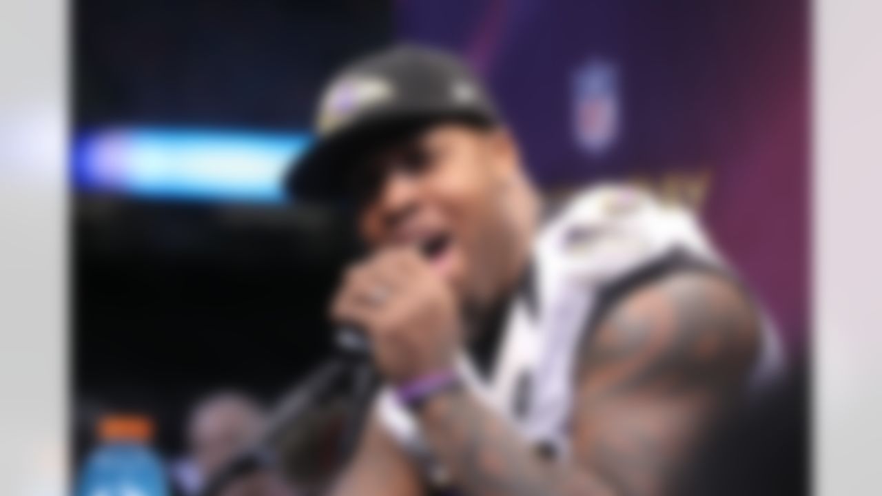 Baltimore Ravens Terrell Suggs talks with the media during the Super Bowl XLVII Media Day at the Superdome on Tuesday, January 29, 2013 in New Orleans, LA. (Perry Knotts/NFL)