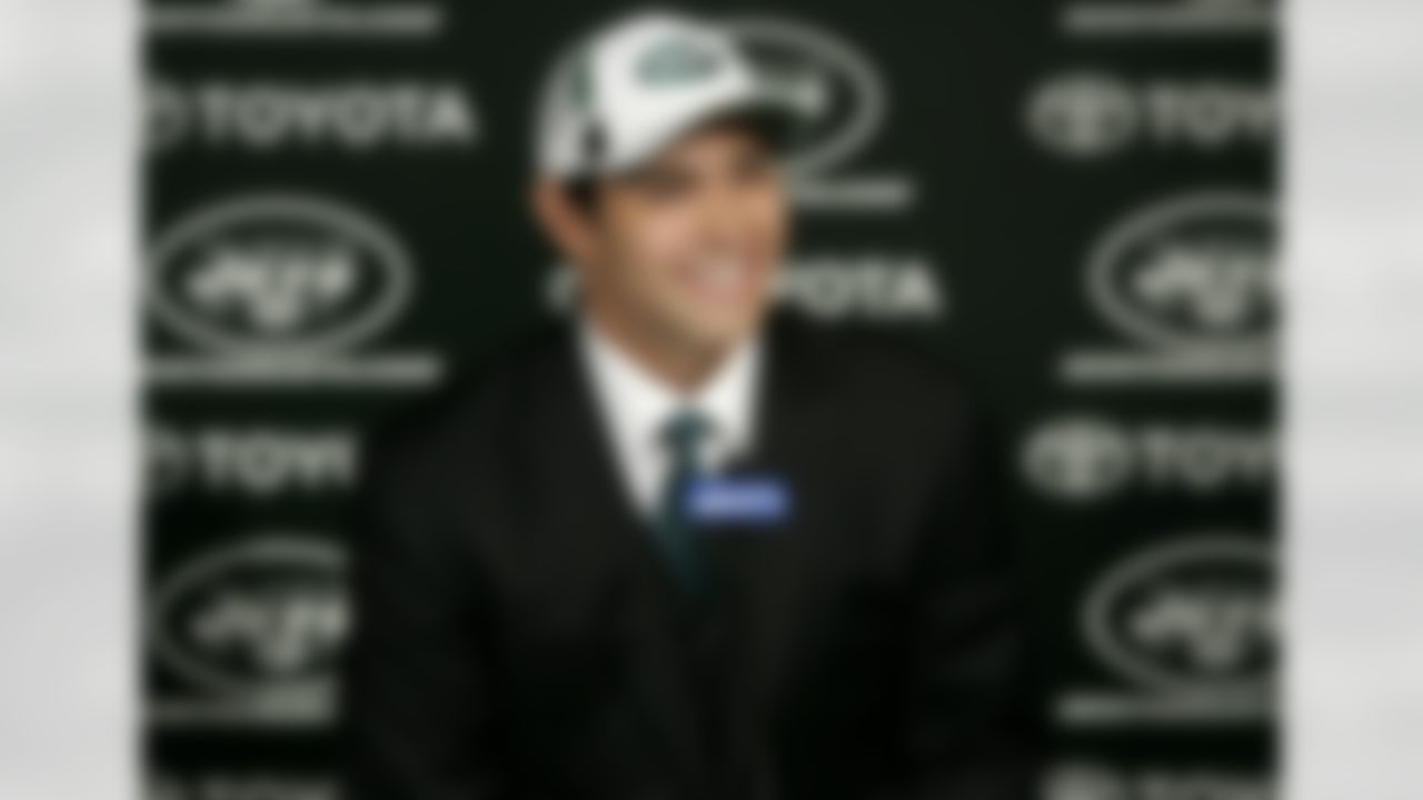 Mark Sanchez, quarterback from Southern California, is introduced to the media at the New York Jets practice facility in Florham Park, N.J., on Sunday, April 26, 2009. Sanchez was selected as the fifth-overall pick during the first round of the NFL football draft. (AP Photo/Rich Schultz)
