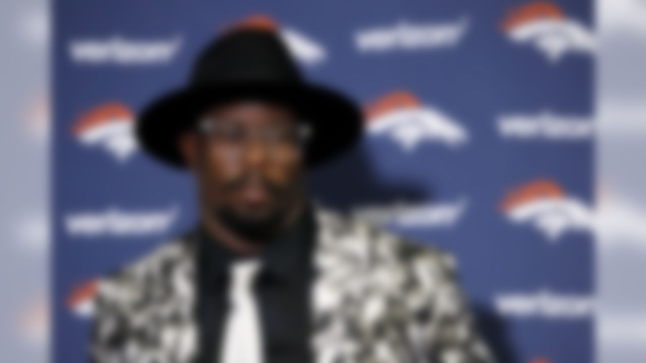 Denver Broncos outside linebacker Von Miller talks to reporters after an NFL football game against the Buffalo Bills, Sunday, Sept. 24, 2017, in Orchard Park, N.Y. The Bills won 26-16.