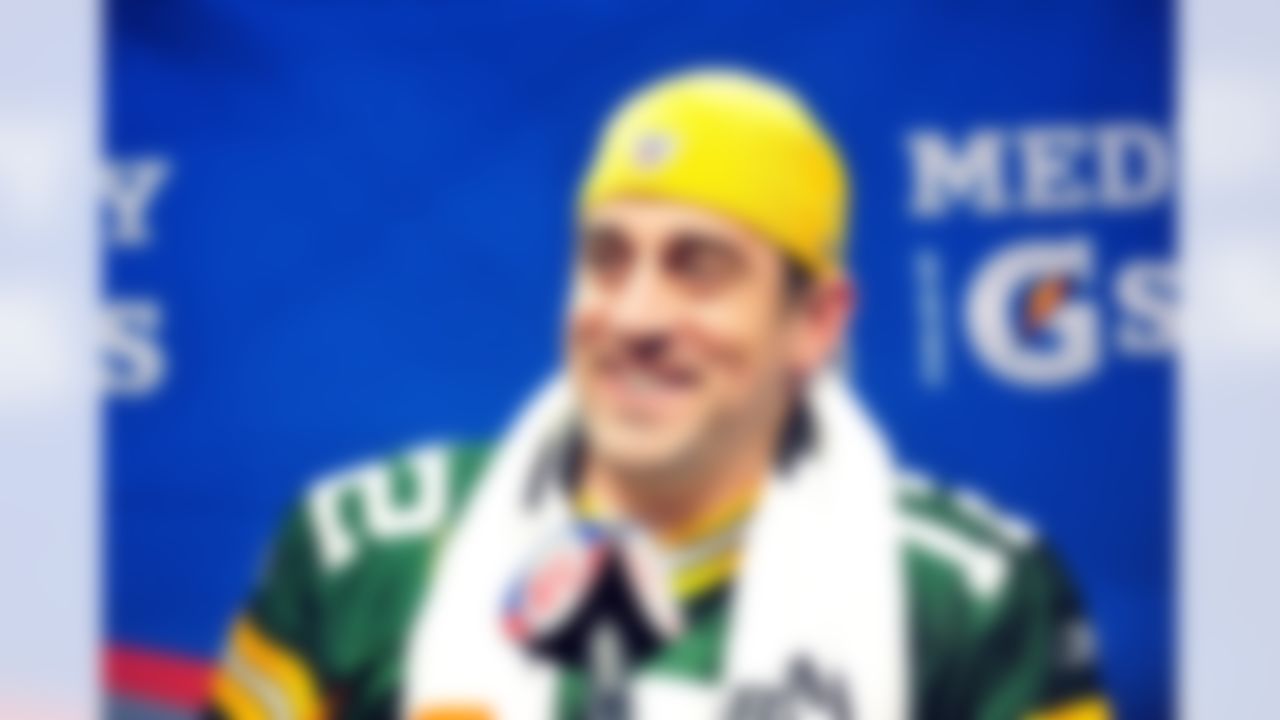 Green Bay Packers quarterback Aaron Rodgers speaks during Media Day at Cowboys Stadium in Arlington, Texas on February 1, 2011. (Gary A. Vasquez/NFL)