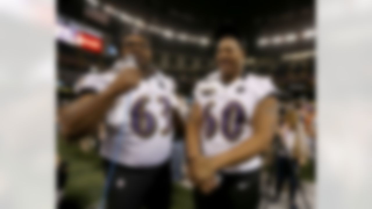 Baltimore Ravens guard Bobbie Williams interviews his own teammate Antoine McClain during the Super Bowl XLVII Media Day at the Superdome on Tuesday, January 29, 2013 in New Orleans, LA. (Perry Knotts/NFL)