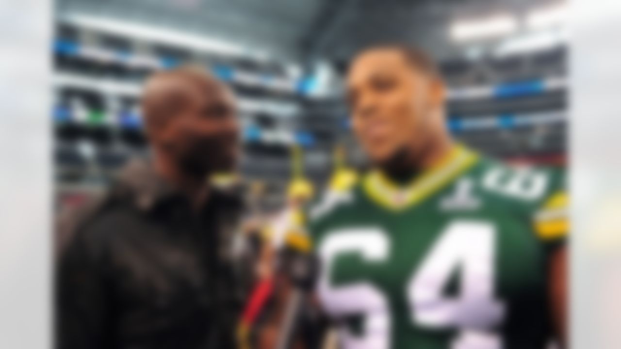 Cinncinatti Bengals wide receiver Chad Ochocinco interviews Green Bay Packers with offensive lineman Adrian Battles during Media Day at Cowboys Stadium in Arlington, Texas on February 1, 2011. (Gary A. Vasquez/NFL)
