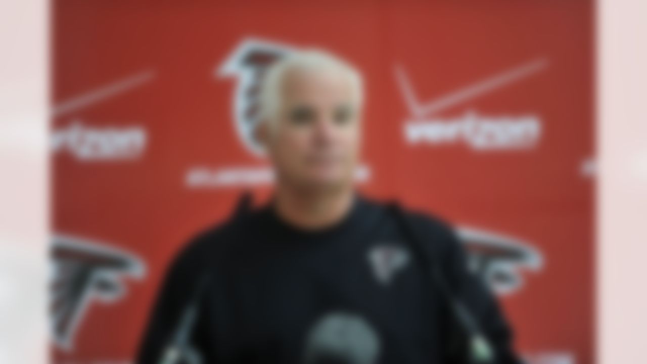 Atlanta head coach Mike Smith addresses the media after practice at The Grove Hotel in Watford England. The Detroit Lions and the Atlanta Falcons play in the NFL International Series at Wembley Stadium in London on Sunday, Oct 26. (Sean Ryan /NFL)