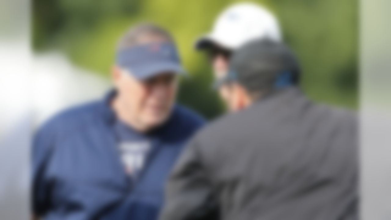 New England Patriots head coach Bill Belichick, left, talks with Detroit Lions head coach Matt Patricia during drills at the Lions NFL training camp facility, Tuesday, Aug. 6, 2019, in Allen Park, Mich.