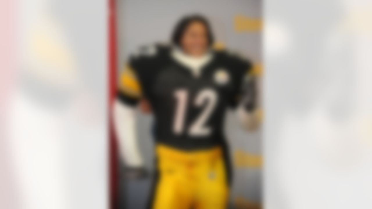Jan 30, 2012; Indianapolis, IN, USA; Whitney Kesler poses in a cutout of a Pittsburgh Steelers player at the NFL Experience at the Indiana Convention Center.The New York Giants will play the New England Patriots in Super Bowl XLVI at Lucas Oil Field on Feb 5, 2012. Mandatory Credit: Kirby Lee/Image of Sport-US PRESSWIRE