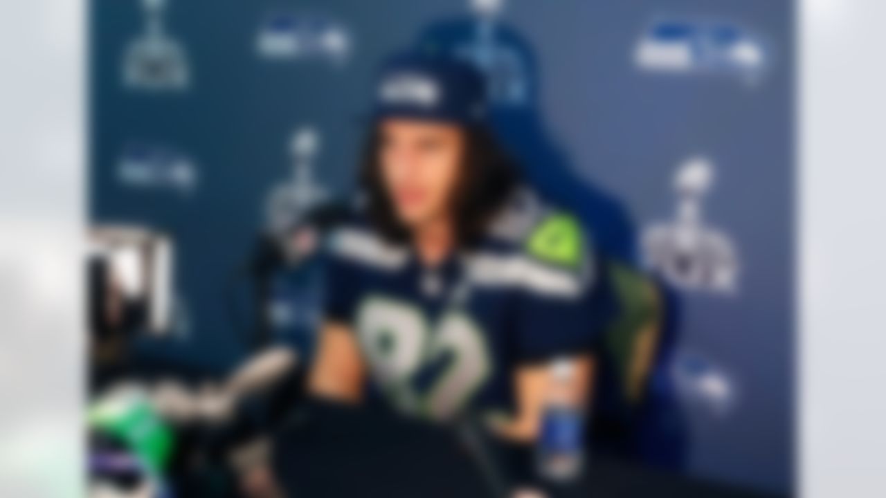 Seattle Seahawks' Luke Wilson answers a question during an interview for NFL Super Bowl XLIX football game, Thursday, Jan. 29, 2015, in Phoenix. The Seahawks play the New England Patriots in Super Bowl XLIX on Sunday, Feb. 1, 2015. (AP Photo/Matt York)