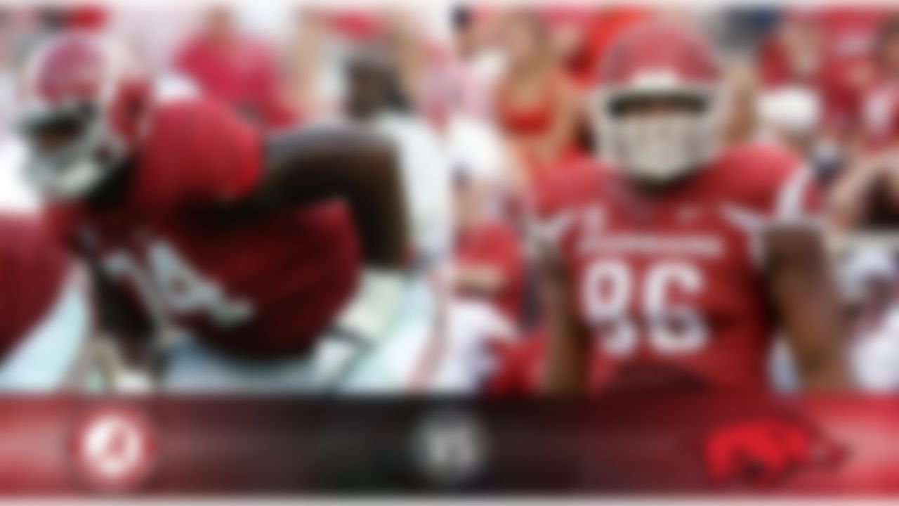 Details: Saturday, 6 p.m. ET, ESPN
The skinny: This one will be won and lost on the line of scrimmage, just the way both teams like it. Although Alabama's offense clearly has the better passing attack, expect an old-school slugfest controlled by the better rushing attack. Alabama freshman Cam Robinson (above) has emerged into one of the SEC's top left tackles, and he will get a stiff test in Arkansas defensive end Trey Flowers (above). Alabama will miss center Ryan Kelly, who is out with an injury. The last time Alabama visited Arkansas, the Tide won 52-0 in the largest margin of victory since 1948.
Game picks:
Brandt: Alabama, 31-14
Brooks: Alabama, 28-20
Jeremiah: Alabama, 17-16
Fischer: Alabama, 38-20
Goodbread: Alabama, 28-17
Huguenin: Alabama, 34-21