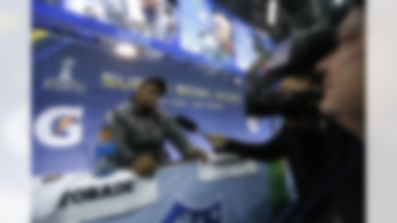 Seattle Seahawks defensive tackle Brandon Mebane (92) answers questions from the media during the Super Bowl XLVIII Media Day at the Prudential Center on Tuesday, January 28, 2014 in Newark, NJ. (Perry Knotts/NFL)