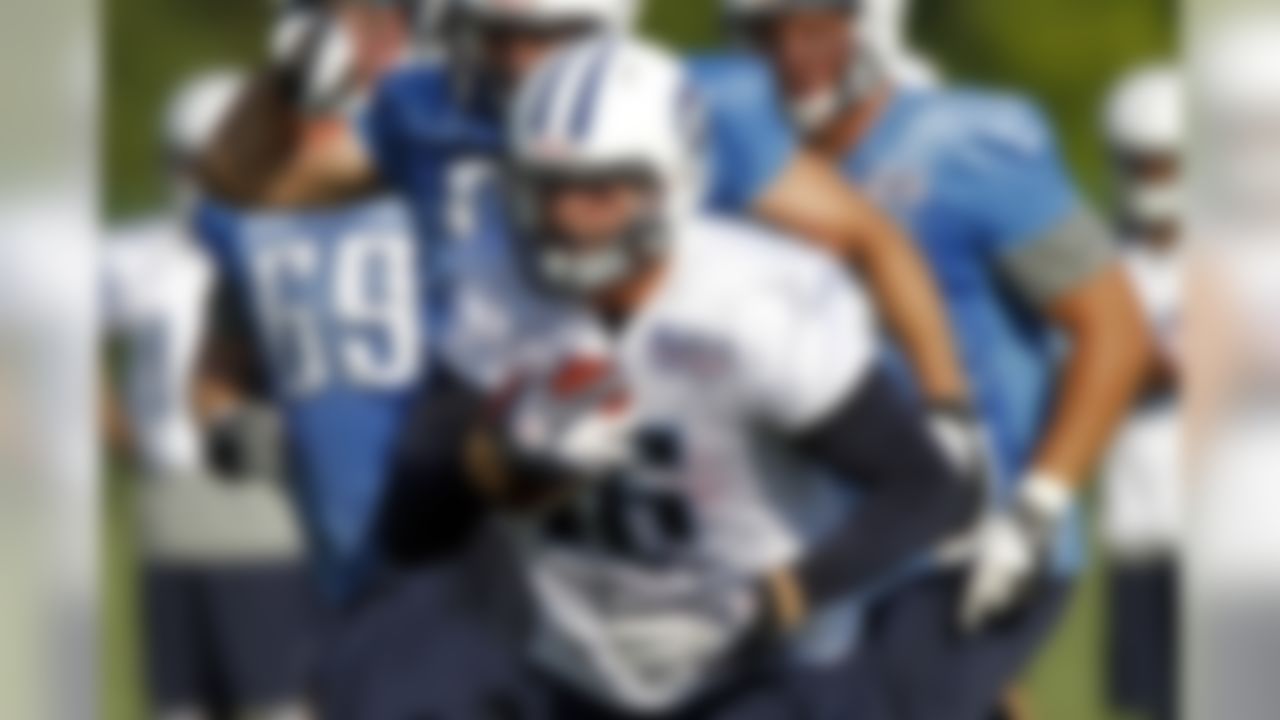 Tennessee Titans tight end Brandon Barden during NFL football camp at Titans' headquarters Saturday, July 28, 2012 Nashville, Tenn. (AP Photo/Wade Payne)