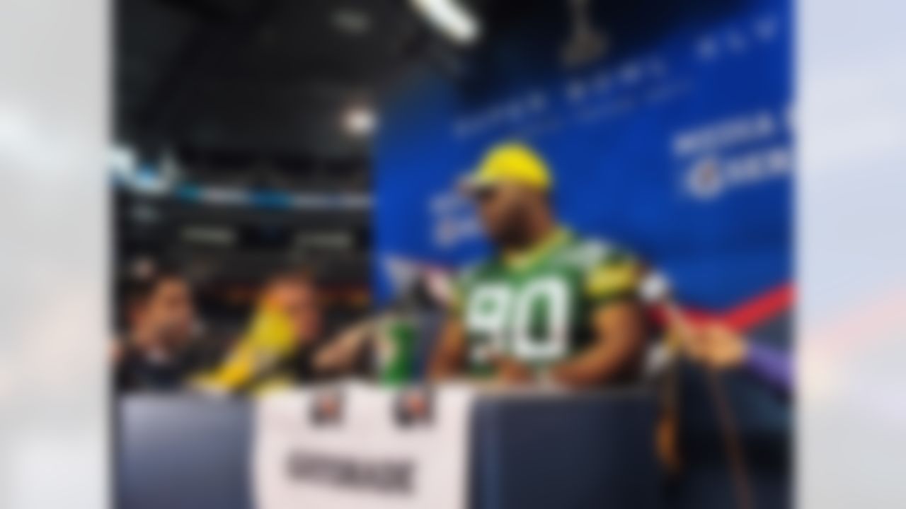 Green Bay Packers tackle B.J. Raji speaks during Media Day at Cowboys Stadium in Arlington, Texas on February 1, 2011. (Gary A. Vasquez/NFL)