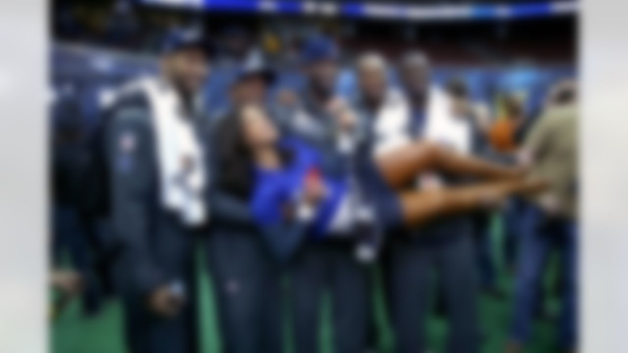 Members of the Seattle Seahawks pose for a photograph during the Super Bowl XLVIII Media Day at the Prudential Center on Tuesday, January 28, 2014 in Newark, NJ. (Ben Liebenberg/NFL)
