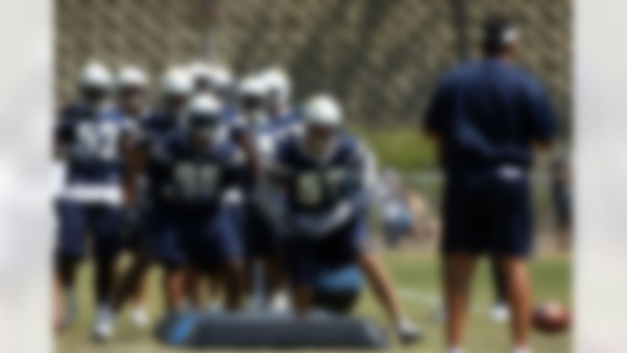 SAN DIEGO - MAY 03: Shaun Phillips #95 and Matt Wilhelm #57 of the San Diego Chargers in drills looks on during the Chargers Mini-Camp on May 3, 2008 at the Chargers Practice Facility in San Diego, California. (Photo by Donald Miralle/Getty Images)