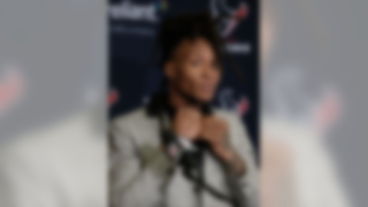 Houston Texans wide receiver DeAndre Hopkins speaks during a news conference following an NFL football game against the Indianapolis Colts, Sunday, Sept. 30, 2018, in Indianapolis. Houston won 37-34.