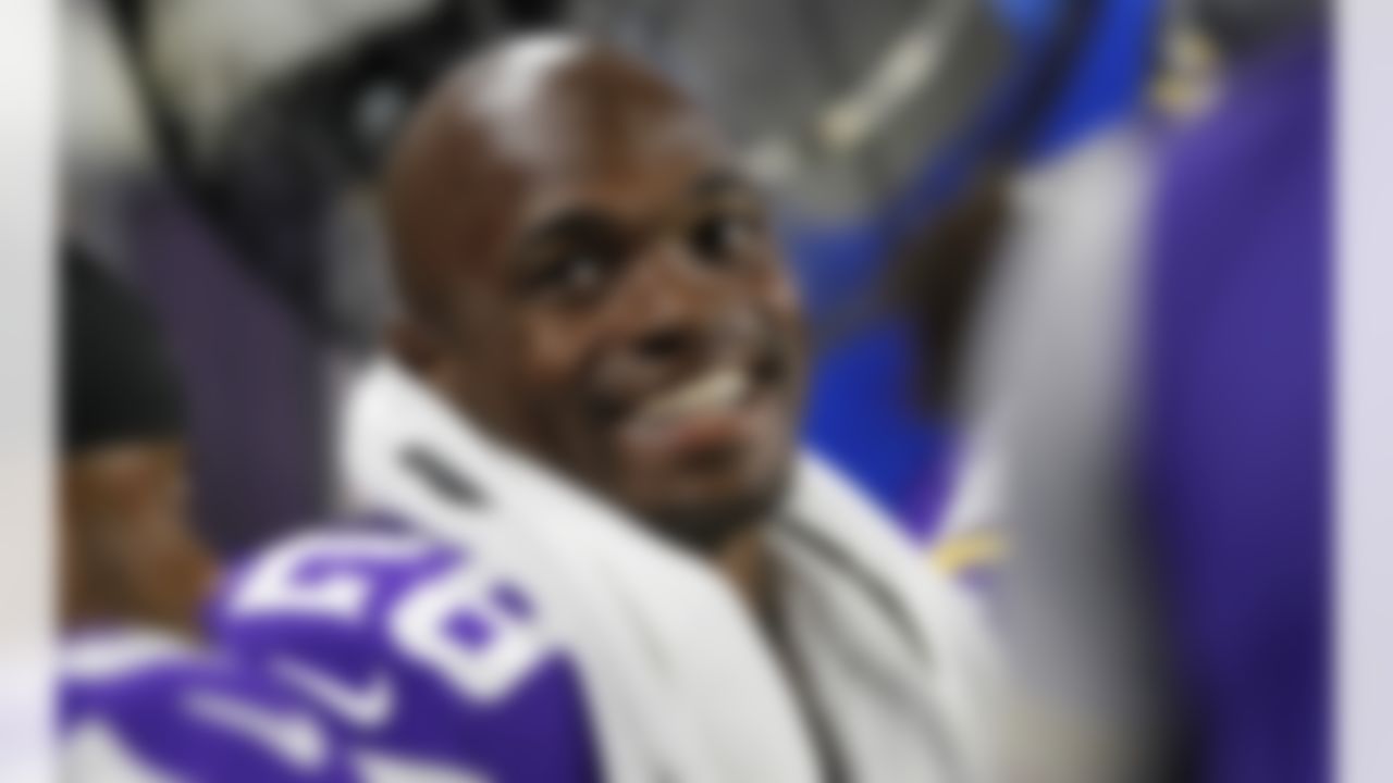 Minnesota Vikings running back Adrian Peterson reacts on the bench during the second half of an NFL preseason football game against the Los Angeles Rams Thursday, Sept. 1, 2016, in Minneapolis. (AP Photo/Andy Clayton-King)
