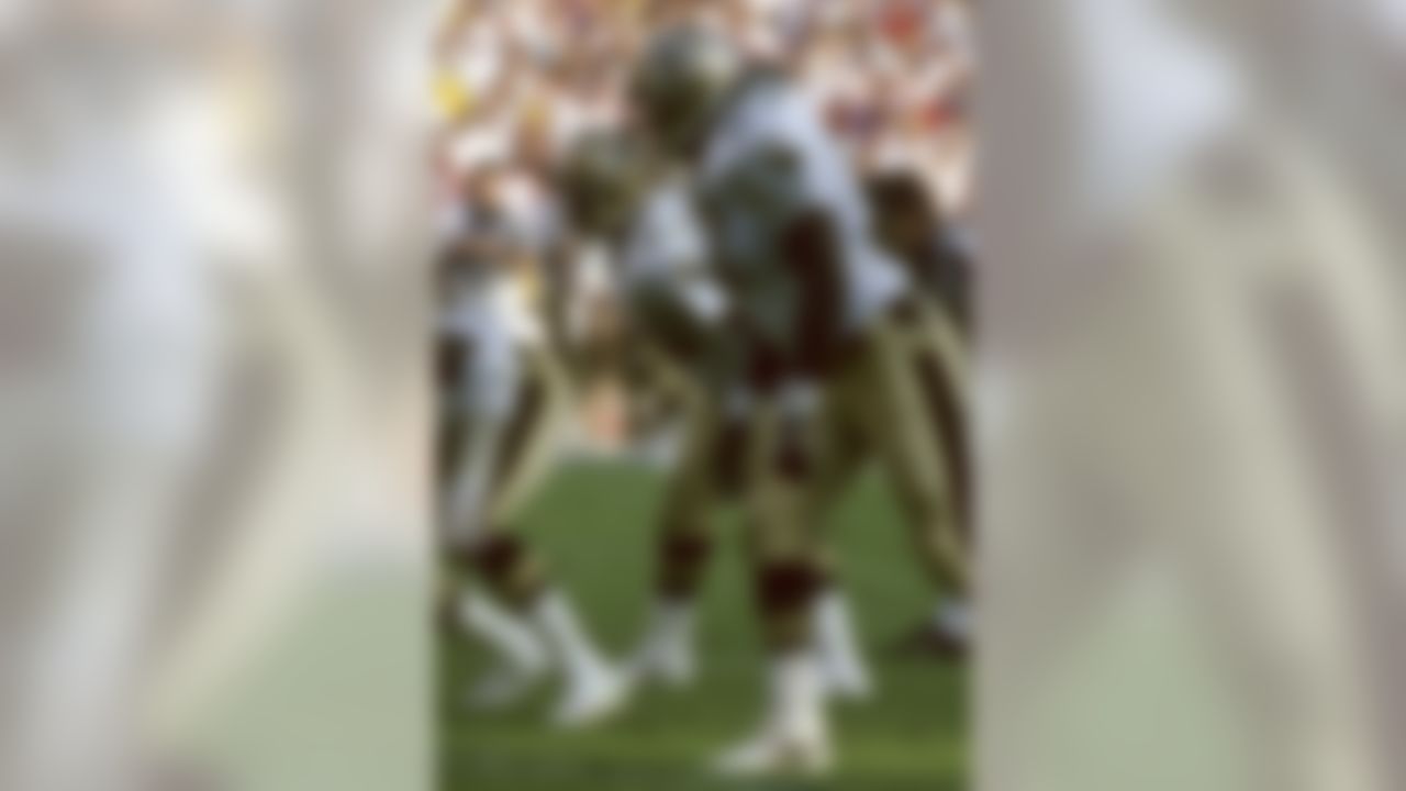New Orleans Saints linebackers Sam Mills (51) and Rickey Jackson (57) line up during a 14-10 victory over the Los Angeles Rams on November 13, 1988, at Anaheim Stadium in Anaheim, California. (National Football League)