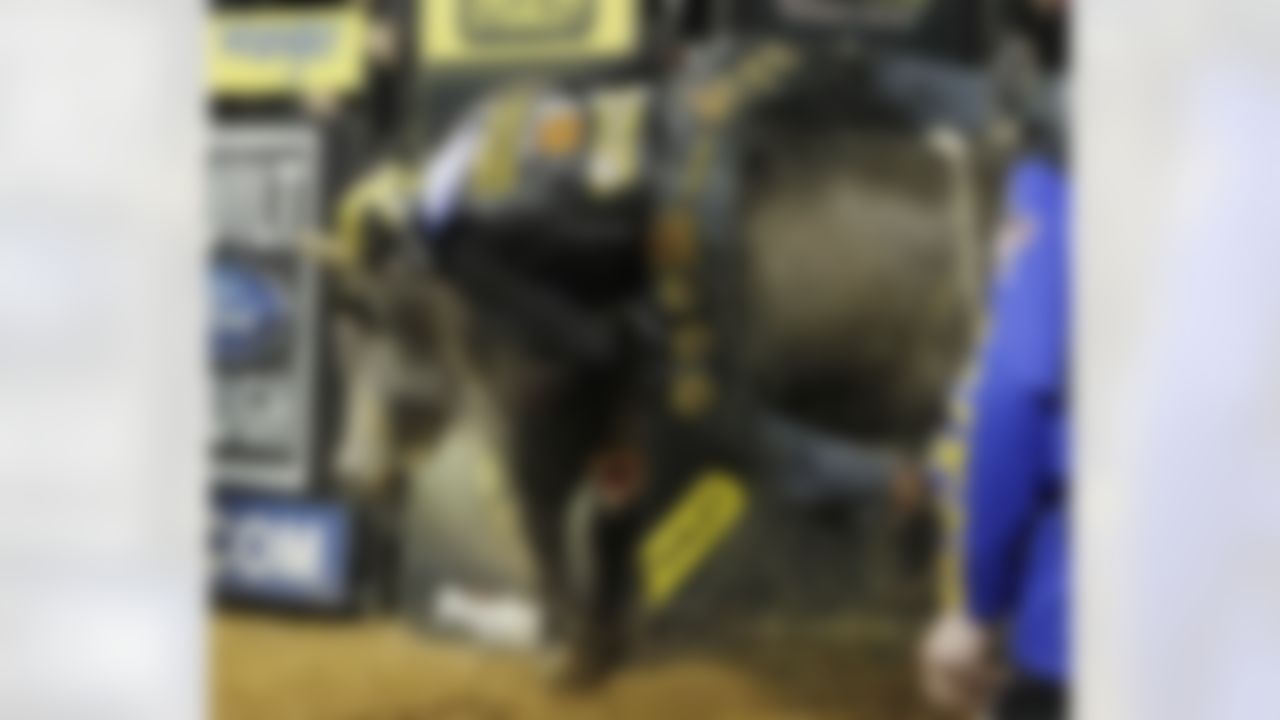 Cincinnati Bengals receiver Chad Ochocinco attempts to ride a bull named Deja Blu during an intermission at the Professional Bull Riders' Lucas Oil Invitation bull riding event in Duluth, Ga., Saturday, May 14, 2011. (AP Photo/John Bazemore)