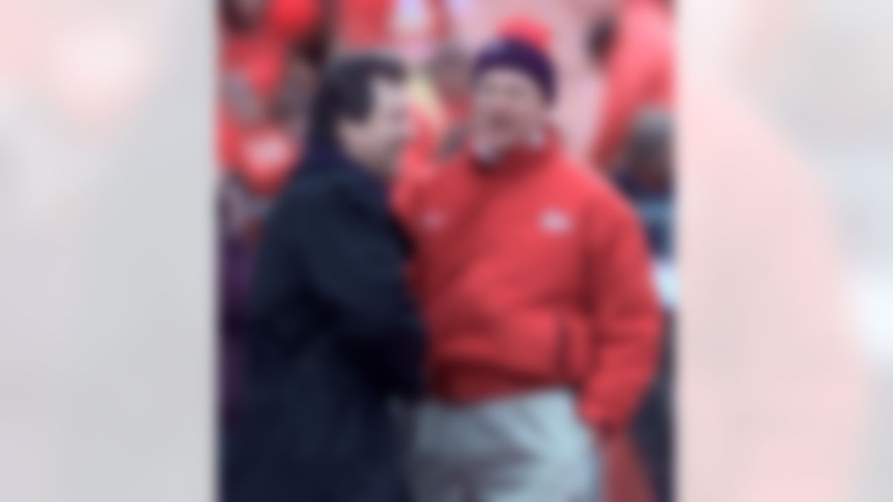 Kansas City Chiefs head coach Marty Schottenheimer, right, is seen with team president Carl Peterson Jan. 4, 1998, at Arrowhead Stadium in Kansas City, Mo. Schottenheimer quit as coach of the Chiefs Monday Jan. 11, 1999. (AP Photo/Cliff Schiappa)