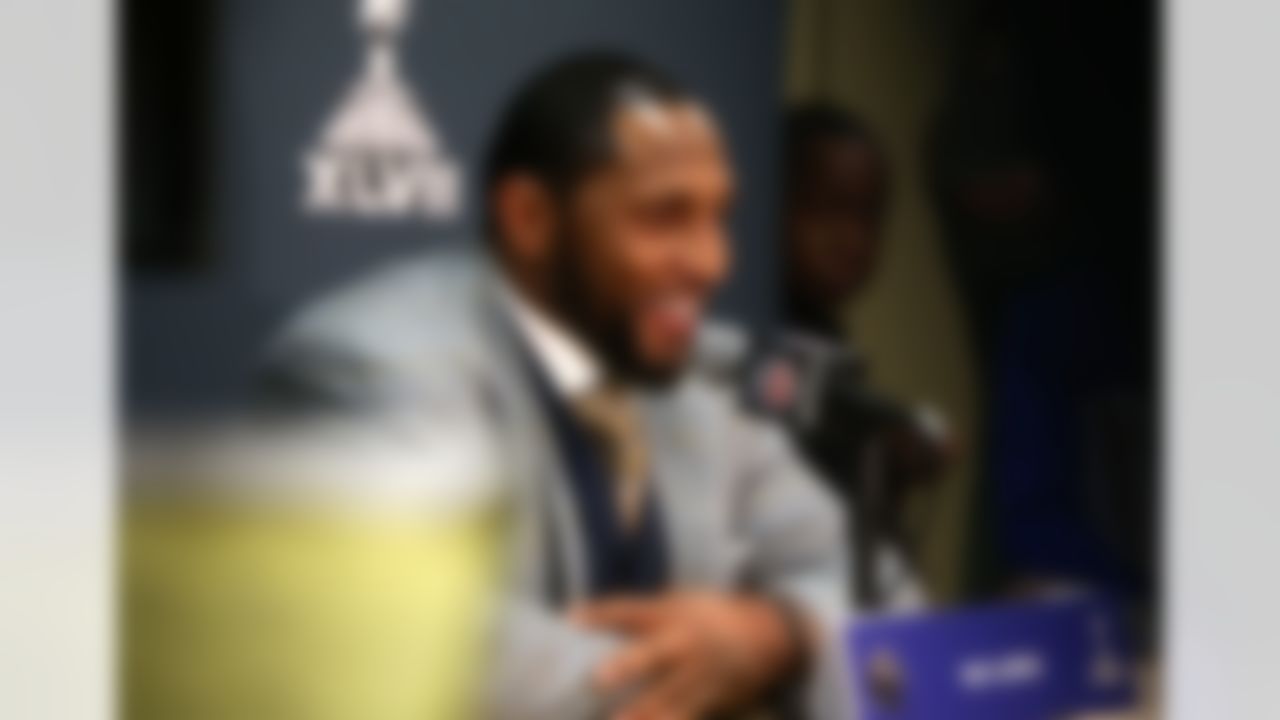 Baltimore Ravens linebacker Ray Lewis speaks to the media during the arrivals press conference at the Hilton New Orleans Riverside on Monday, January 28, 2013 in New Orleans, LA. The Ravens will face the San Francisco 49ers in the NFL Super Bowl XLVII football game on Feb. 3. (Ben Liebenberg/NFL)