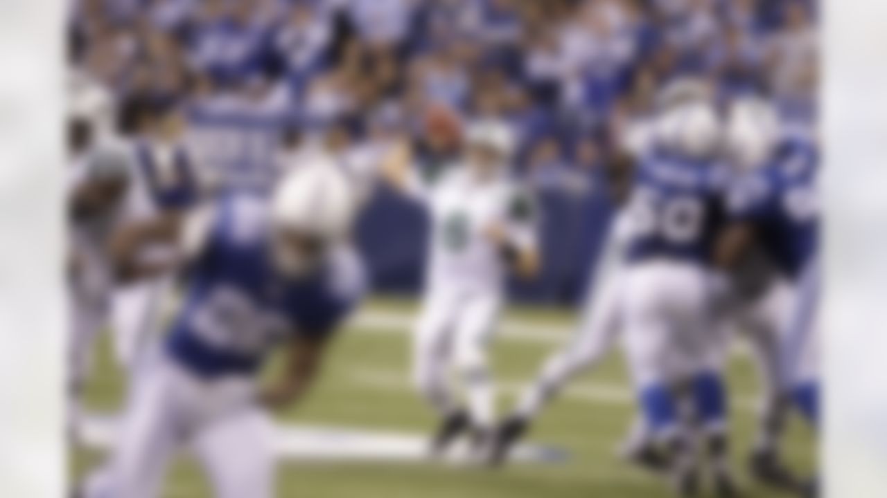 New York Jets quarterback Mark Sanchez (6) during an NFL football game between the Indianapolis Colts and New York Jets in Indianapolis, Sunday, Dec. 27, 2009. (AP Photo/Darron Cummings)