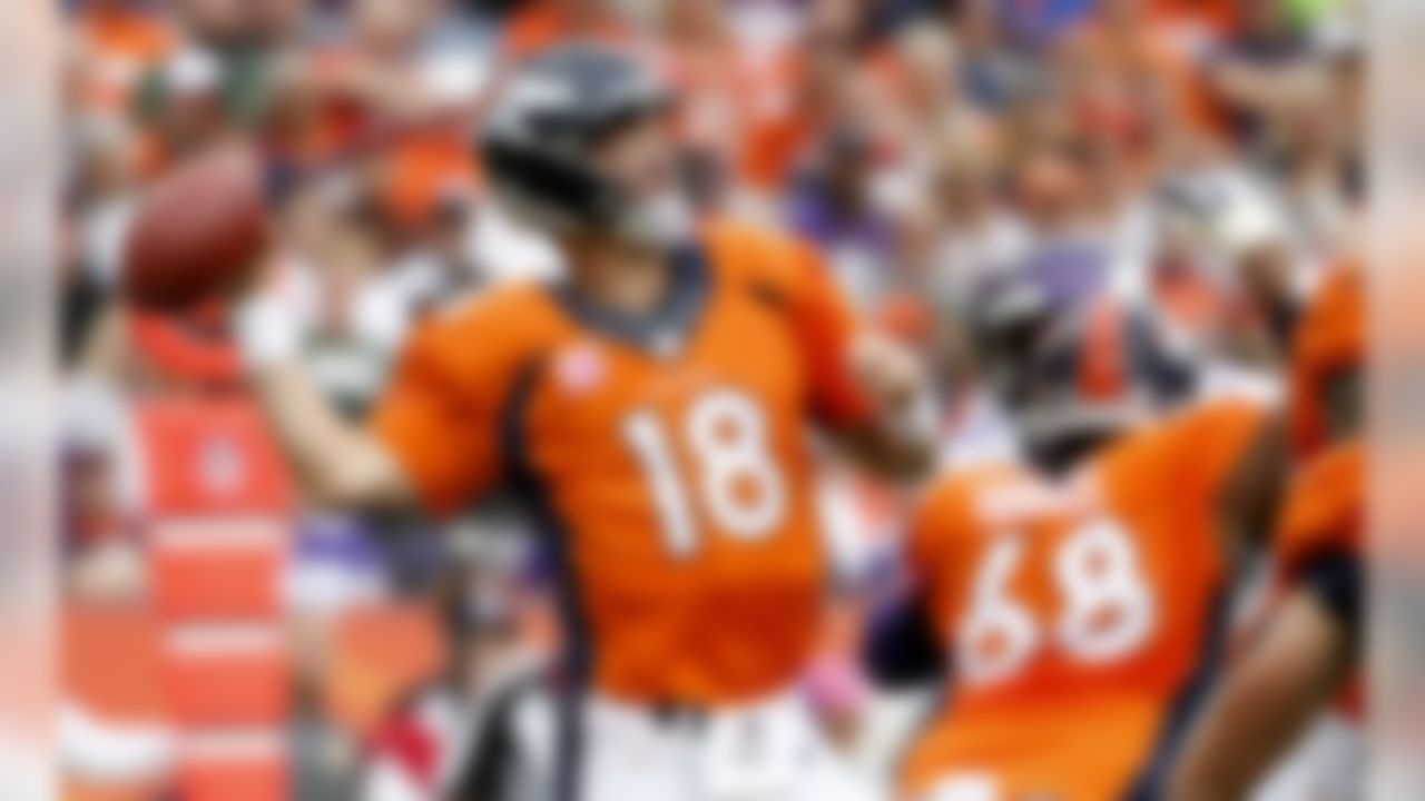 Denver Broncos quarterback Peyton Manning throws against the Minnesota Vikings during the first half of an NFL football game Sunday, Oct. 4, 2015, in Denver. (AP Photo/Jack Dempsey)