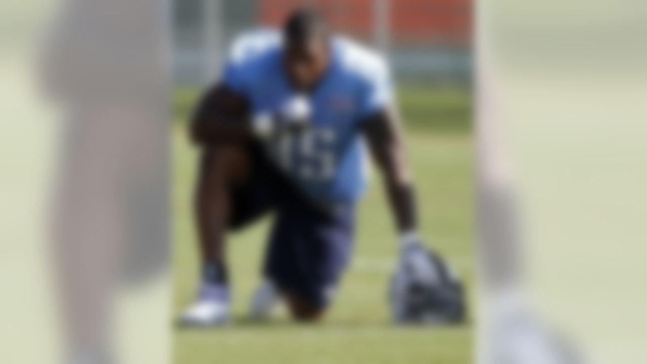 Tennessee Titan defensive end Kamerlon Wimbley takes a break during NFL football training camp on Saturday, July 28, 2012, Nashville, Tenn. (AP Photo/Wade Payne)