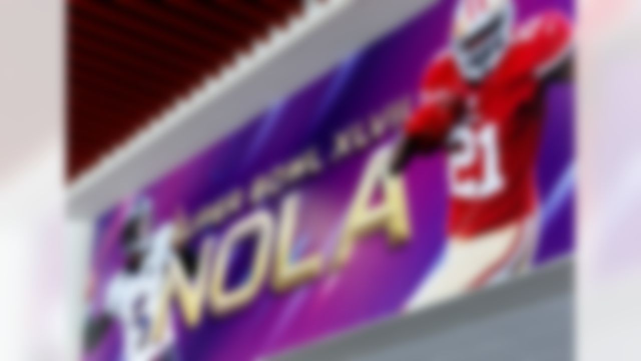 A Super Bowl XLVII banner hangs in the media center at the New Orleans Convention Center in New Orleans, La., on Jan., 27, 2013. (Ben Liebenberg/NFL)