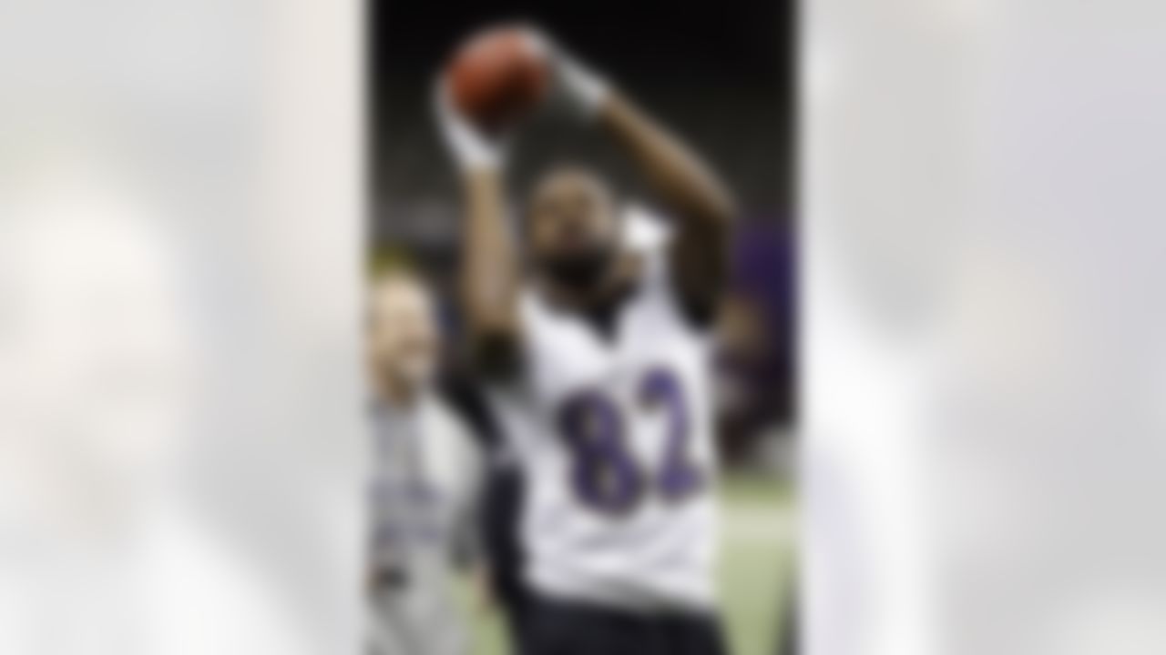Baltimore Ravens wide receiver Torrey Smith catches a pass during an NFL Super Bowl XLVII walkthrough on Saturday, Feb. 2, 2013, in the Mercedes-Benz Superdome in New Orleans. The Ravens face the San Francisco 49ers in Super Bowl XLVII on Sunday. (AP Photo/Patrick Semansky)