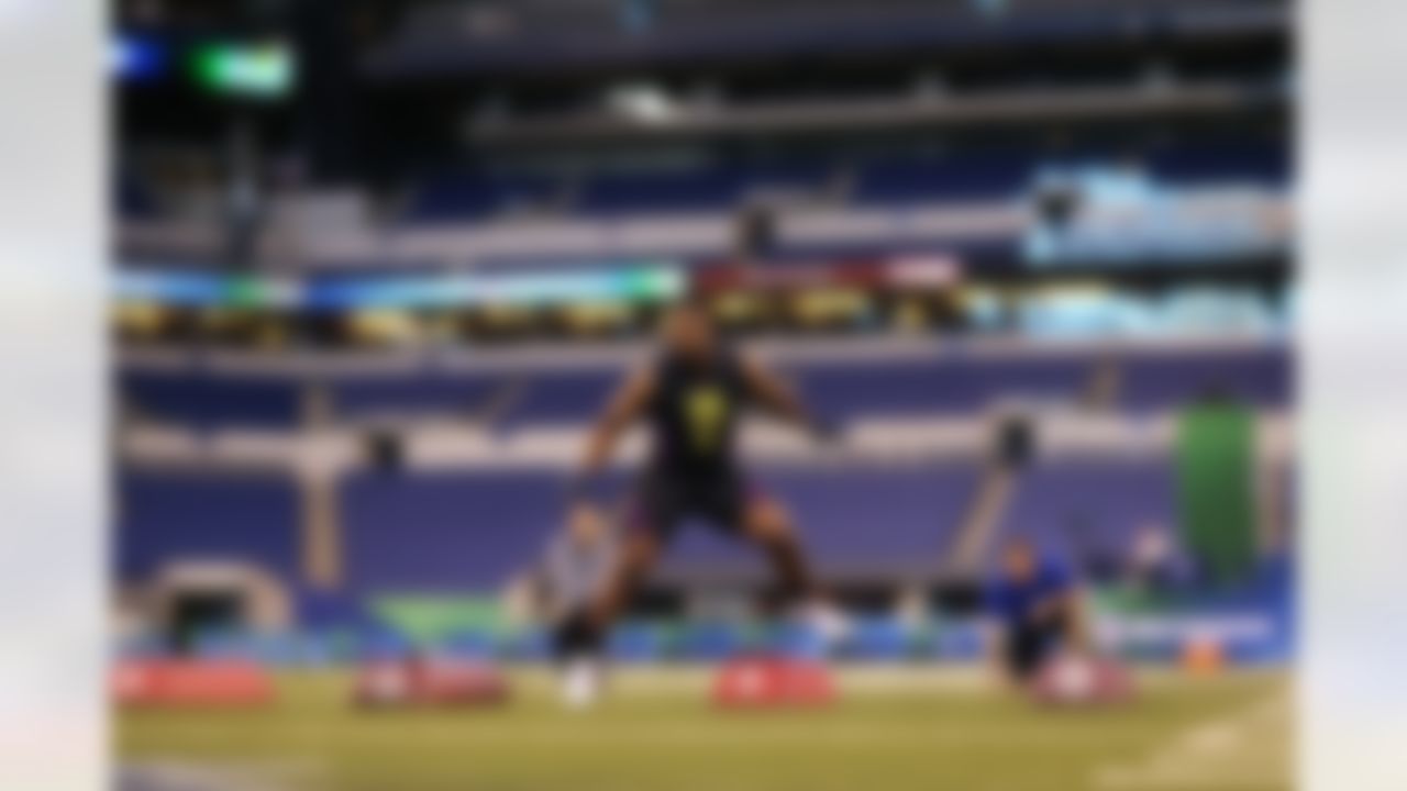 Fort Hays State defensive lineman Nathan Shepherd runs a drill during the 2018 NFL Scouting Combine on Sunday, March 4, 2018 in Indianapolis.