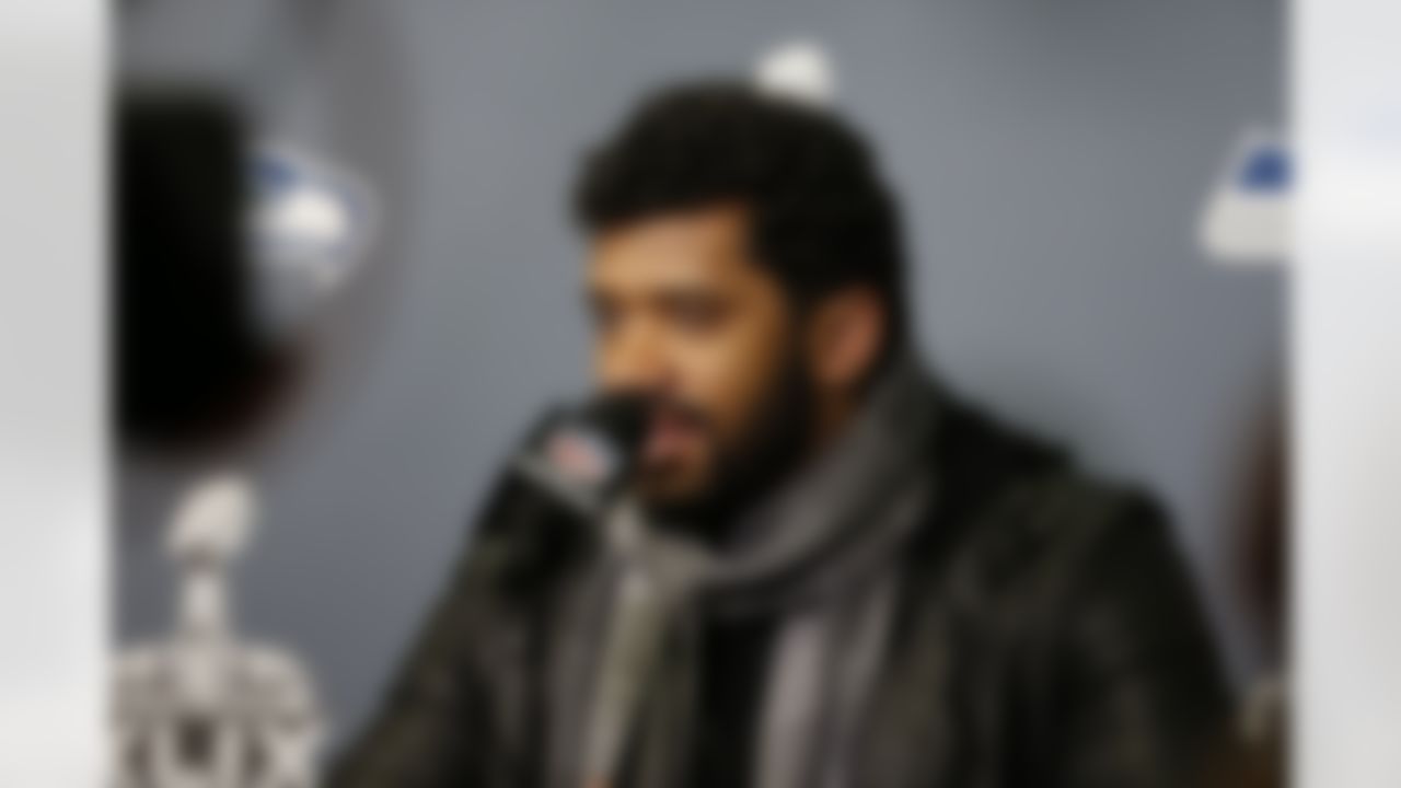 Seattle Seahawks quarterback Russell Wilson during a press conference for Super Bowl XLIX at the Arizona Grand Resort on Sunday, January 25, 2015 in Phoenix, AZ. (Ben Liebenberg/NFL)