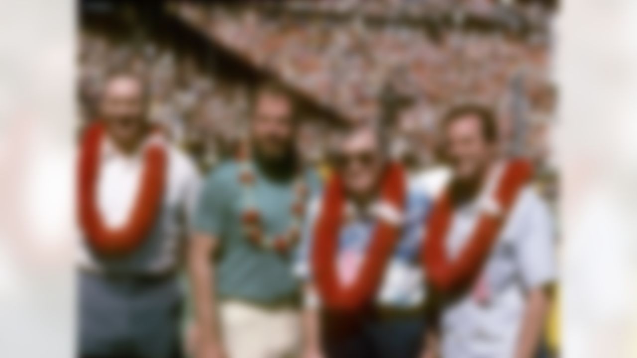 Pro Football Hall of Fame inductees Doug Atkins, Merlin Olsen, George Musso, and Sam Huff at the NFL Pro Bowl, a 16-13 AFC victory on January 31, 1982, at Aloha Stadium in Honolulu, Hawaii. (National Football League)