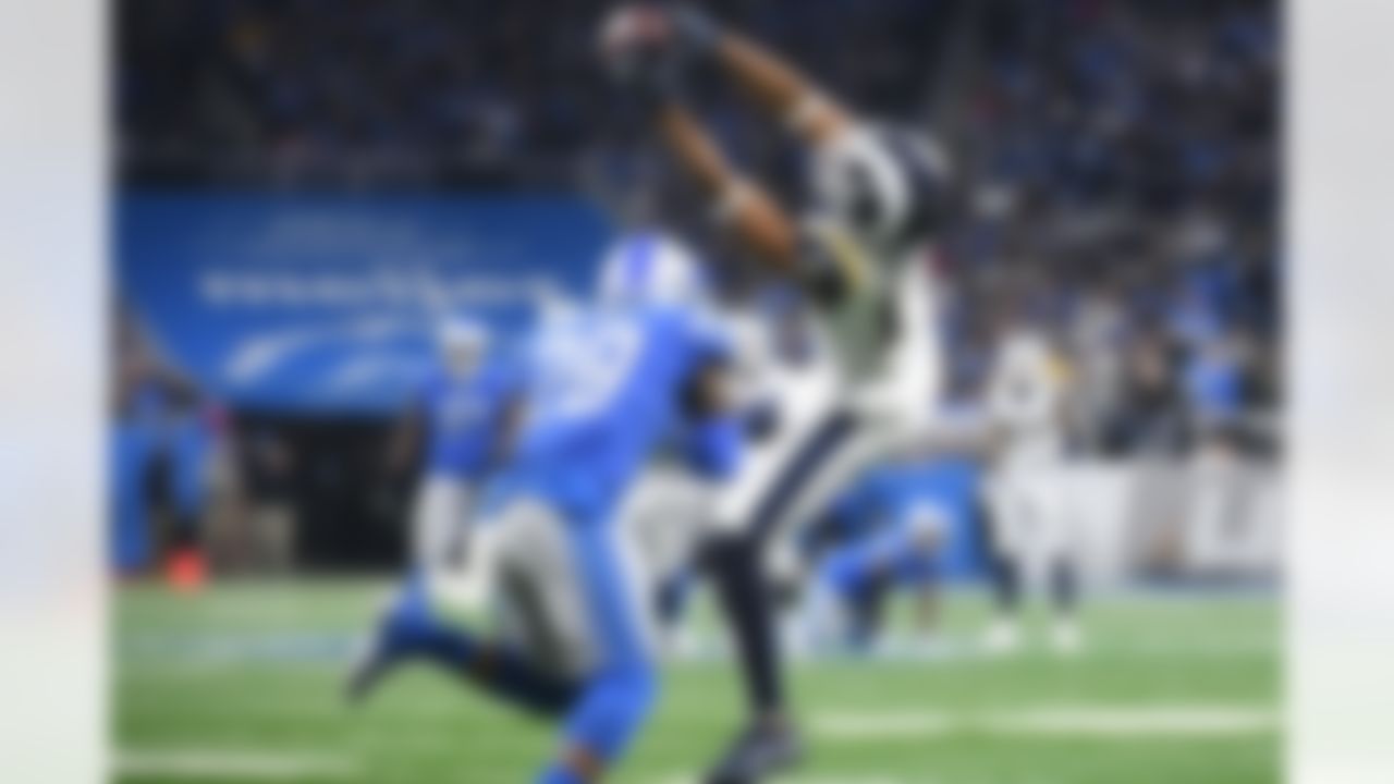 The Rams clinched the NFC West with their victory over the Lions, becoming the first team in 2018 to clinch its division. The win marked the first time the Rams have won 11 games in consecutive seasons in franchise history. The Rams' dominant offense continued to produce with 344 total yards (195 passing, 149 rushing), despite Jared Goff's continued struggles on the road (accruing a 68.6 passer rating after completing only 17 of 33 throws with 1 touchdown and 1 interception). Robert Woods contributed with five receptions, 67 yards and one receiving touchdown. Woods reached 971 receiving yards on the season, second only to Brandin Cooks' 1,206 receiving yards.