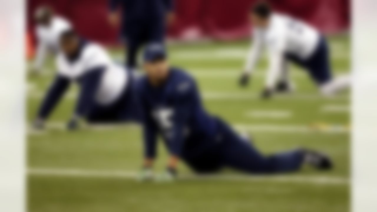 Seattle Seahawks' Jermaine Kearse stretches during a team practice for NFL Super Bowl XLIX football game, Friday, Jan. 30, 2015, in Tempe, Ariz. The Seahawks play the New England Patriots in Super Bowl XLIX on Sunday, Feb. 1, 2015. (AP Photo/Matt York)