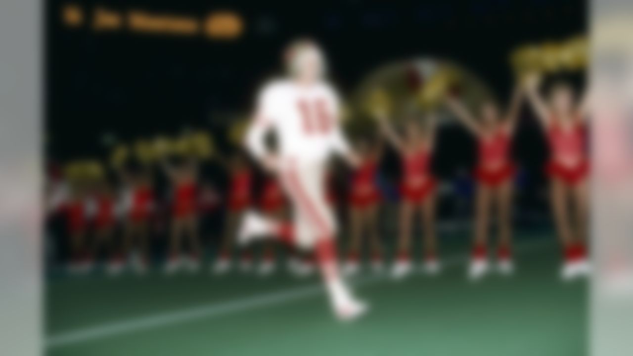 San Francisco's Joe Montana at full stride for the Super Bowl XXIV game of the San Francisco 49ers vs. Denver Broncos. The 49ers defeated the Broncos 55 to 10 at the Superdome in New Orleans, Louisiana on January 28, 1990. (Al Messerschmidt/NFL)