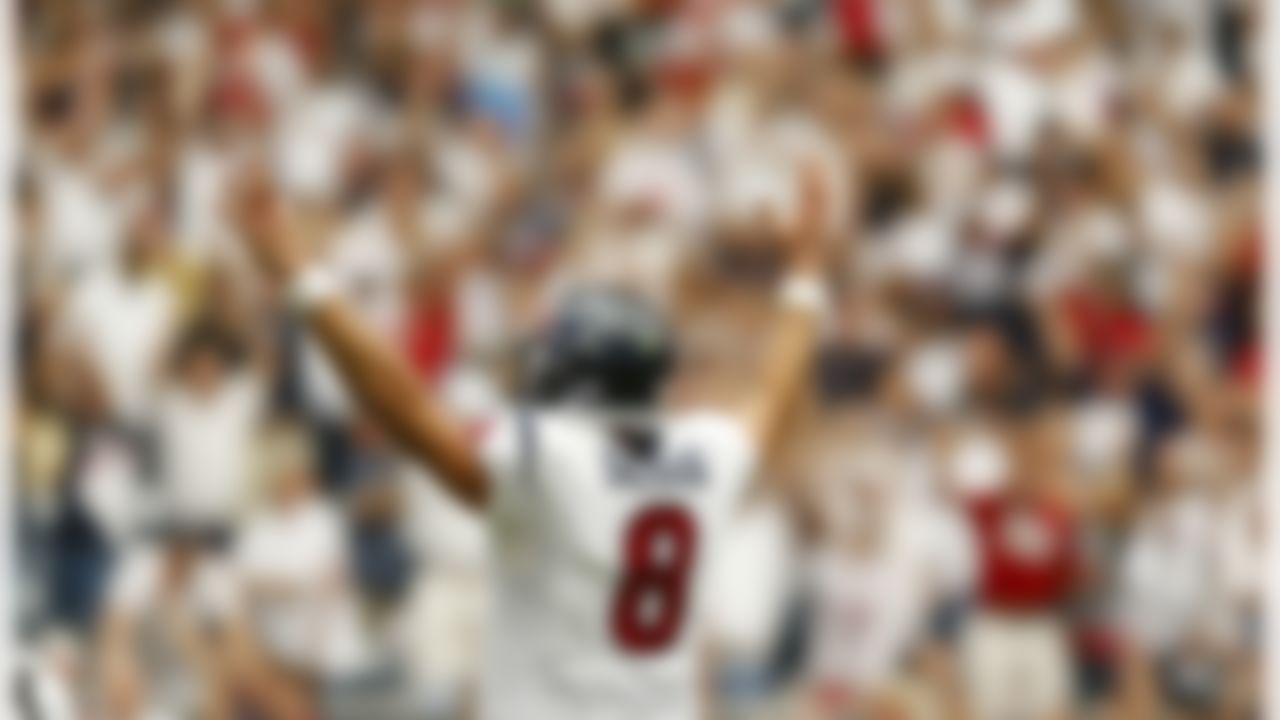 Houston Texans quarterback Matt Schaub (8) celebrates after throwing a touchdown pass during an NFL football game against the Tennessee Titans at Reliant Stadium on September 15, 2013 in Houston, Texas. Houston won 30-24. (Aaron M. Sprecher/NFL)