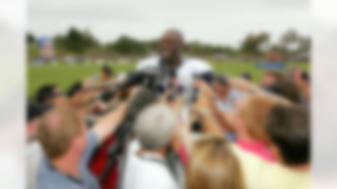 OXNARD, CA - JULY 29: Wide receiver Terrell Owens #81 of the Dallas Cowboys takes questions after practice on the first day of training camp for the Cowboys on July 29, 2006 at the River Ridge Field in Oxnard, California. (Photo by Stephen Dunn/Getty Images)