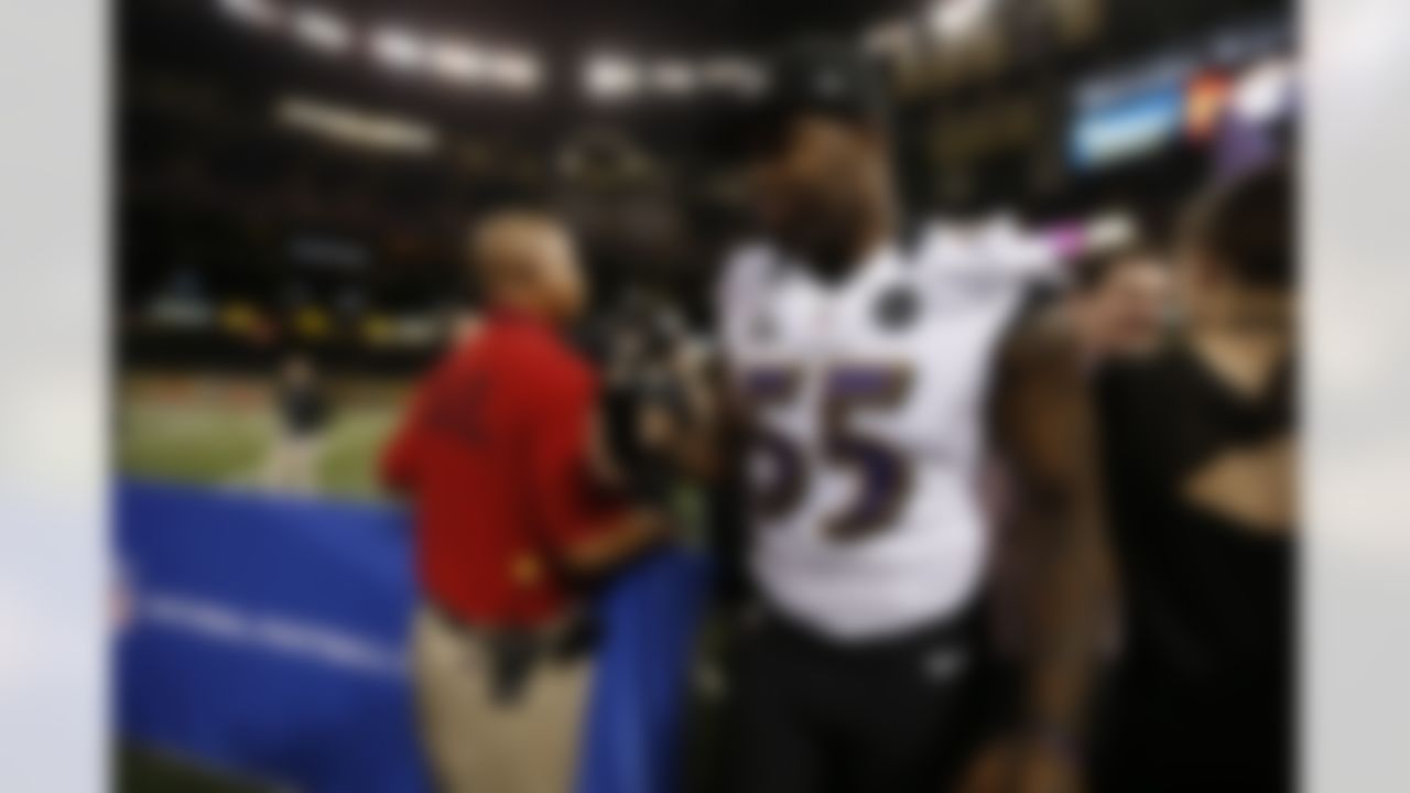 Baltimore Ravens Terrell Suggs talks with the media during the Super Bowl XLVII Media Day at the Superdome on Tuesday, January 29, 2013 in New Orleans, LA. (Perry Knotts/NFL)