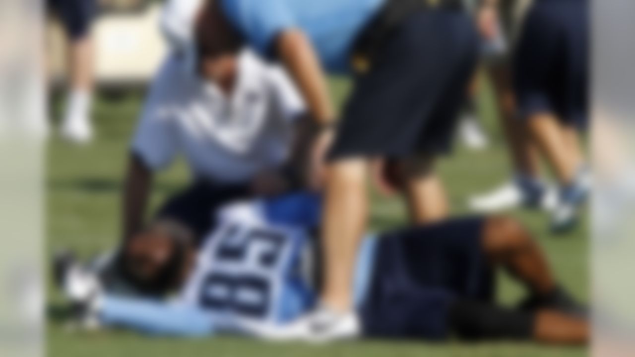 Tennessee Titans receiver Nate Washington (83)reacts after he was injured on a play during NFL football training camp on Saturday, July 28, 2012, Nashville, Tenn. (AP Photo/Wade Payne)