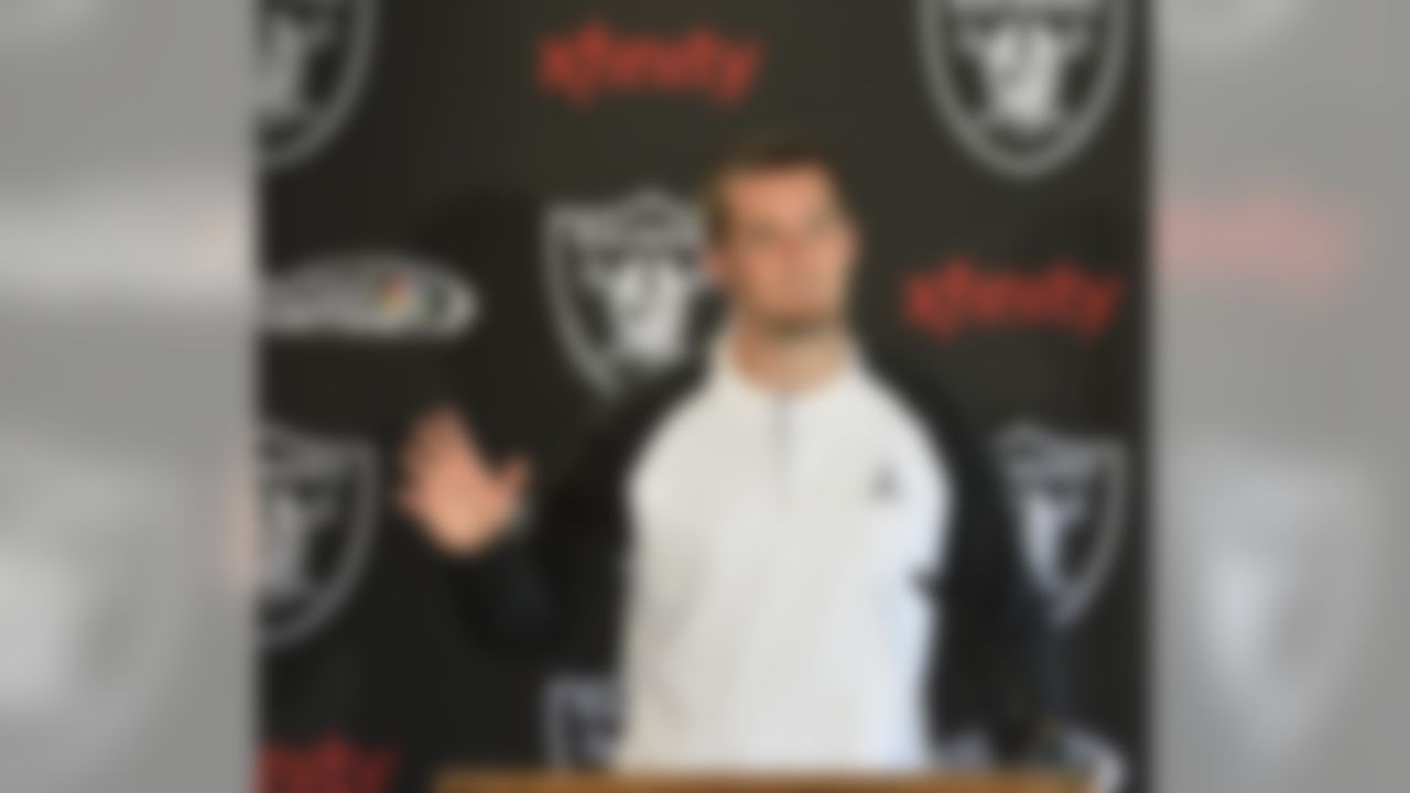 Oakland Raiders quarterback Derek Carr talks to the media after practice on Wednesday, September 24, 2104 at Pennyhill Park outside of London. The Oakland Raiders and the Miami Dolphins will play in the NFL International Series at Wembley Stadium in London on Sunday, Sept 28. (Sean RyanNFL)