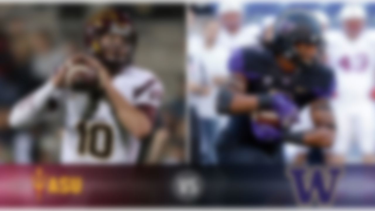 Details: Saturday, 10:45 p.m. ET, ESPN
The skinny: Apparently fully healthy, Arizona State quarterback Taylor Kelly (above) will make his first start in a month in a difficult road environment at Washington. Luckily he has Jaelen Strong to throw to, one of the best receivers in the Pac-12 and a future NFL draft pick. While he won't be tasked with stopping Strong directly, keep an eye on stud Huskies linebacker Shaq Thompson (above), who also might see some additional time on offense Saturday night.
Game picks:
Brandt: Arizona State, 31-21
Brooks: Washington, 31-28
Jeremiah: Arizona State, 28-27
Fischer: Arizona State, 30-28
Goodbread: Arizona State, 28-21
Huguenin: Arizona State, 31-21