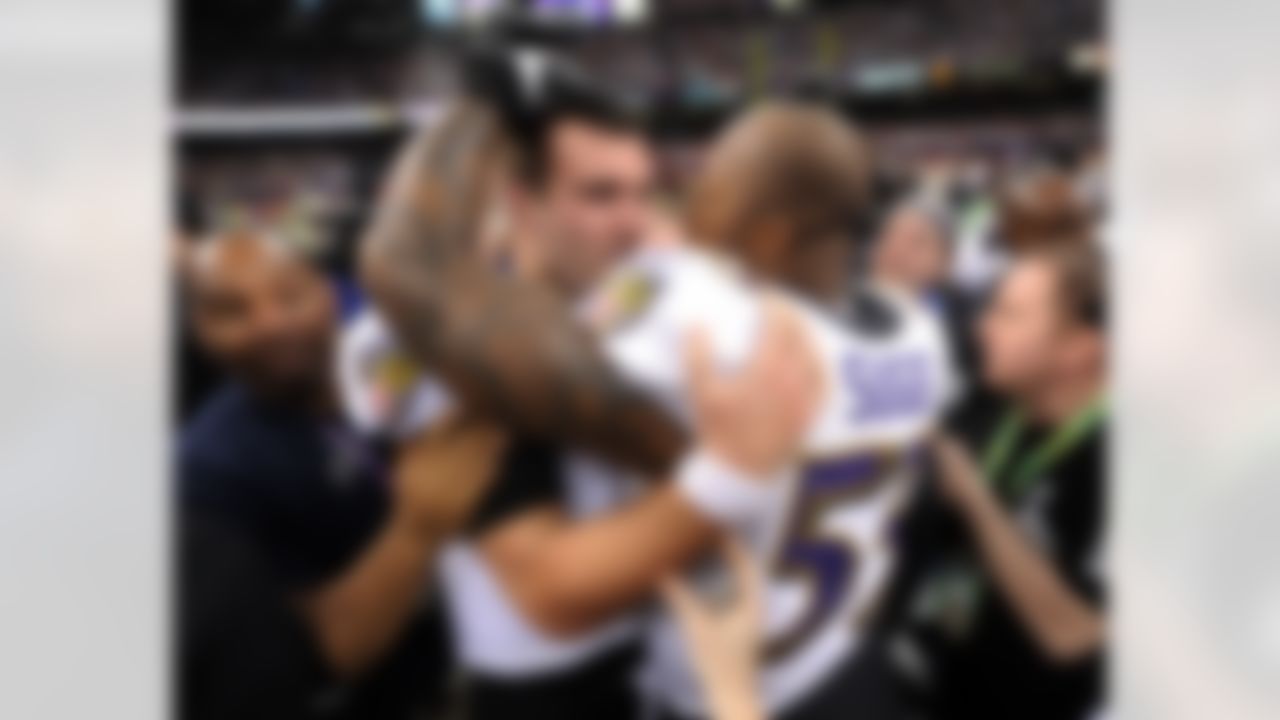 Baltimore Ravens quarterback Joe Flacco (5) celebrates with linebacker Terrell Suggs (55) after Super Bowl XLVII football game against the San Francisco 49ers in New Orleans. The Ravens won the game, 34-31. (AP Photo/Greg Trott)