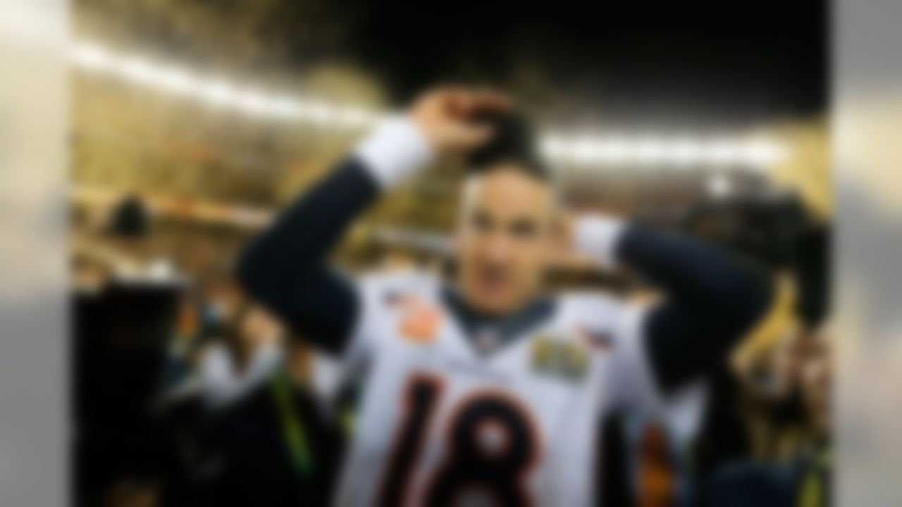 Denver Broncos quarterback Peyton Manning (18) celebrates during post game of Super Bowl 50 against the Carolina Panthers on Sunday, Feb. 7, 2016 at Levi's Stadium in Santa Clara, Calif. The Broncos won 24-10. (Ben Liebenberg/NFL)