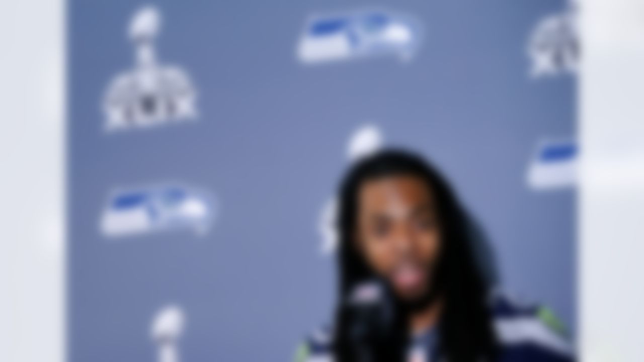 Seattle Seahawks' Richard Sherman answers a question at a news conference for NFL Super Bowl XLIX football game, Wednesday, Jan. 28, 2015, in Phoenix. The Seahawks play the New England Patriots in Super Bowl XLIX on Sunday, Feb. 1, 2015. (AP Photo/Matt York)